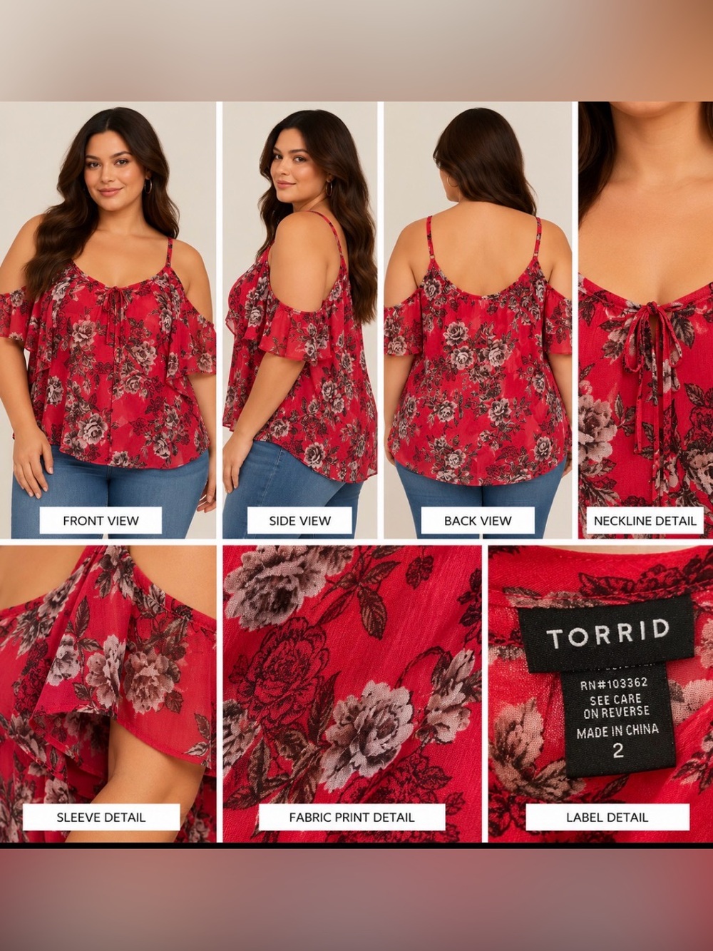 torrid Red Floral Ruffle Cold-Shoulder Camisole with Adjustable Straps